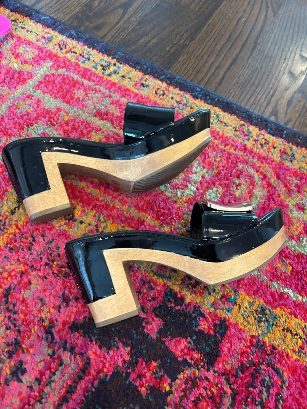 Diane Von Furstenberg Black Patent Slide Sandals with Gold Buckle - Kids
